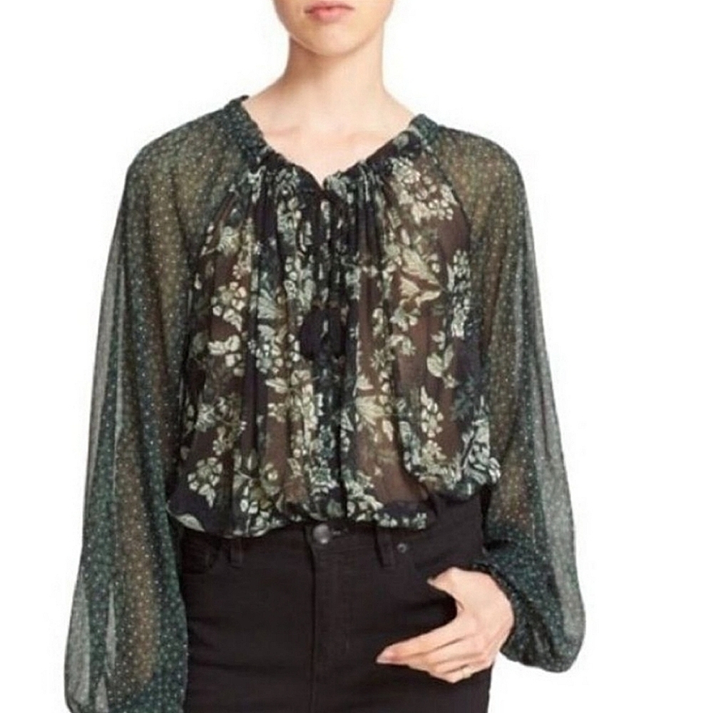 Free People Floral Pheasant Top With Poet Sleeves